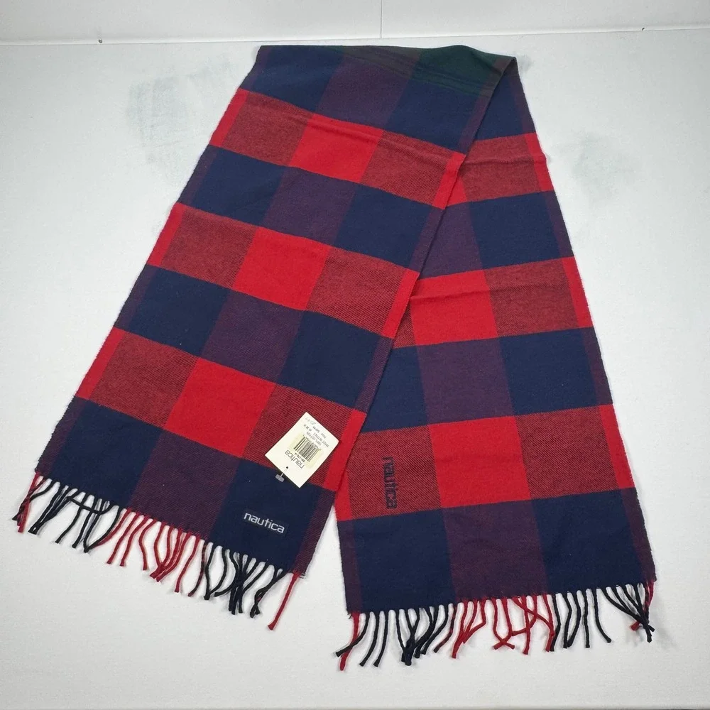 Nautica Vintage Scarf Red Navy Blue Buffalo Plaid Check Fringed Winter NWT